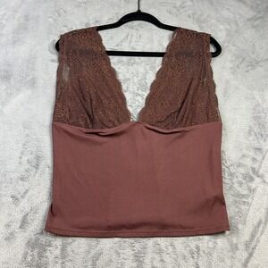 Free People Top Womens Size XL Brown Deep V Lace Rib Crop Capsule Romantic NEW